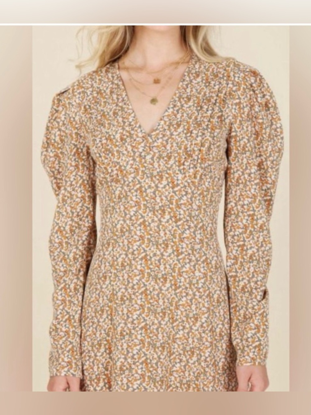 NWT Women's Floral V-Neck Long Sleeve Midi Dress in Tan Floral - Picture 6 of 9